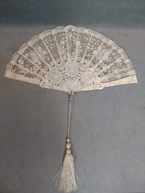 Antique Tiffany Lace Leaf Folding Fan - Mother of Pearl and Silk Tassel