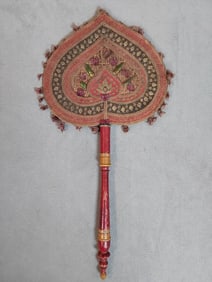 Antique Fabric and Rattan Fixed Fan - Embroidery and Painted Wooden Handle