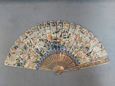 Antique Folding Fan - Silk Embroidery and Repousse