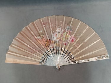 Antique Hand-Painted Silk Folding Fan - Mother of Pearl and Box