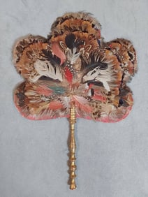 Antique Decorative Fixed Feather Fan - Gilded Wood Handle