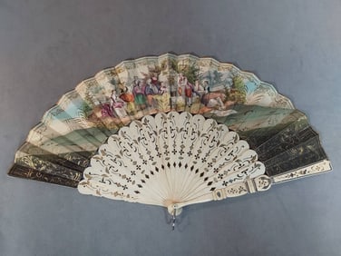 Antique French Hand-Colored Folding Fan - Carved Bone and Gold Gilding
