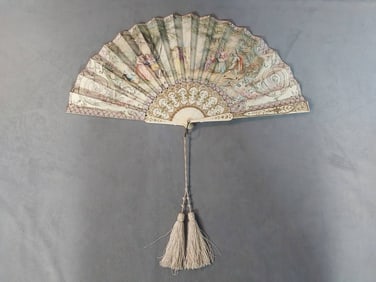 Antique French Paper Folding Fan Signed Jeanne Brunot, 1908