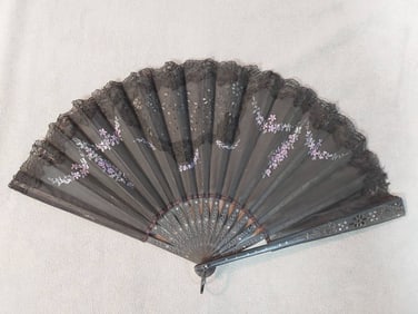 Antique Lace Applique Folding Fan - Hand Painted Floral Design