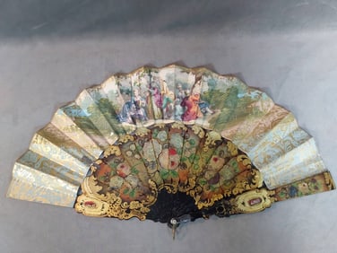 Antique Painted Folding Fan - Hand-Colored Scenes