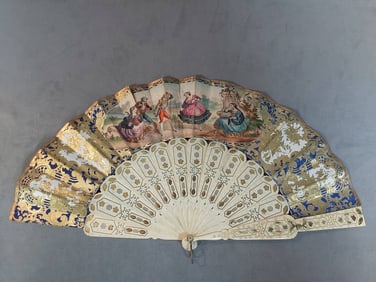 Antique Spanish Hand-Colored Paper Folding Fan