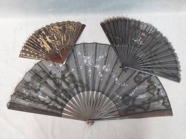 3 Folding Black Evening Fans - Lace, Applique, and Hand-Painting