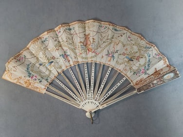 Antique Folding Fan - an Embroidered Silk Leaf and Spangles