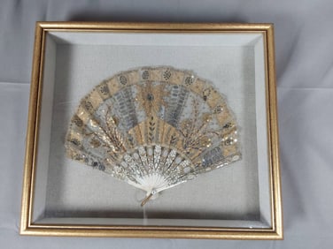 Framed Antique Folding Fan - Gold and Metallic Embellishments