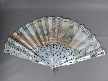Antique Hand-Colored Double-Sided Folding Fan - Mother of Pearl and Inlay