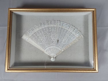 Framed Antique Carved Bone Fan