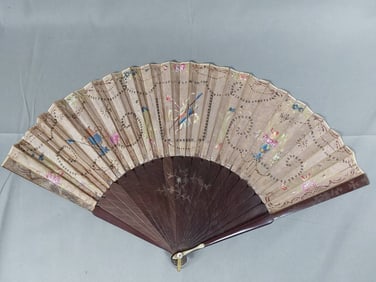 Antique Hand-Painted Silk Folding Fan - Carved Wood and Spangles