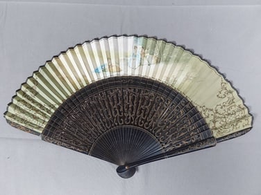 Antique Hand-Painted Folding Fan - Painted Gold Embellishments