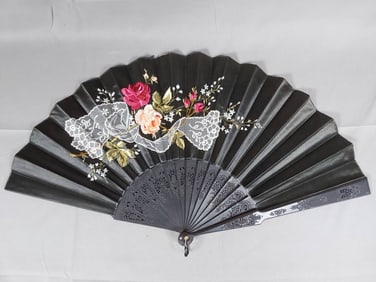 Antique Silk Folding Fan - Embroidered Roses and Lace Applique