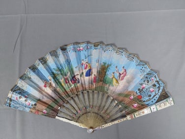 Antique Hand-Colored Folding Fan - Carved Bone Guards