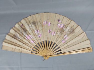 Antique Silk Folding Fan - Cherry Blossoms and Carved Wood Guards