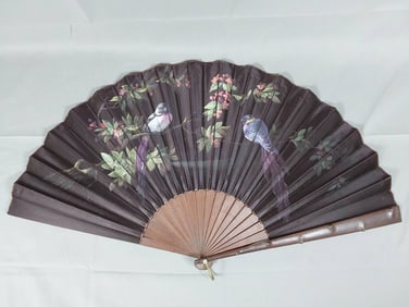 Antique Silk Fan - Hand Painted Birds and Flowers