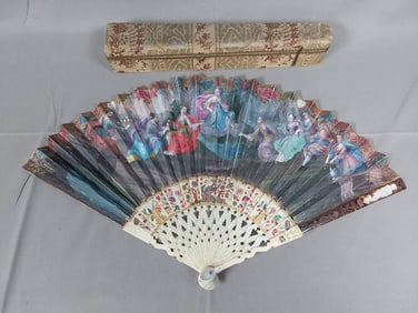 Antique Hand-Painted Folding Fan - Carved Bone and Mother of Pearl, Paris Box
