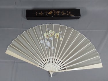 Antique Organza Folding Fan - Hand Painted Flowers, Bone Guards, and Lacquer Box