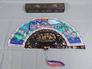 Antique Asian Paper Folding Fan - Hand-Painted Figural Scenes