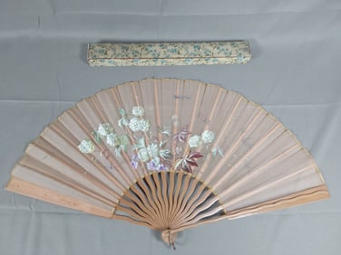 Antique Hand-Painted Organza Folding Fan - Floral Motif and Box