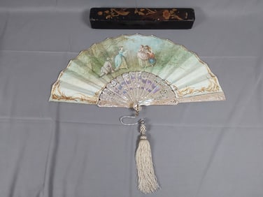 Antique Hand-Painted Fan by M. Rodique - Mother of Pearl Guards in Lacquer Box