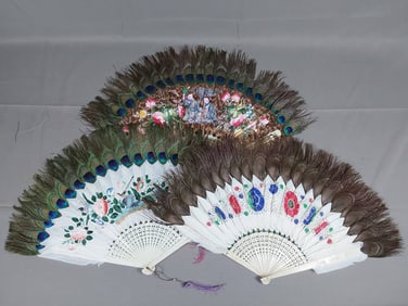 3 Antique Hand-Painted Feather Fans - Peacock Accents