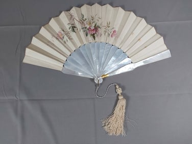 Antique Silk Fan - Hand-Painted Flowers, Mother of Pearl Guards, and Tassel