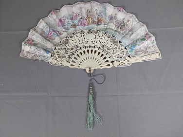 Antique Hand-Colored Paper Folding Fan - Carved Bone Guards