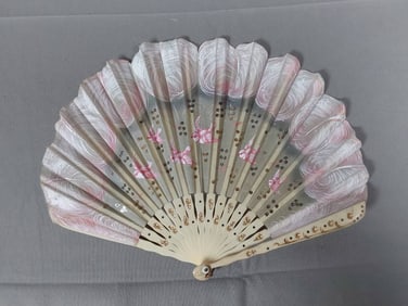 Antique Hand Painted Organza Folding Fan - Carved Bone Guards