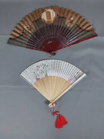 2 Vintage Folding Fans - Hand-Painted Details