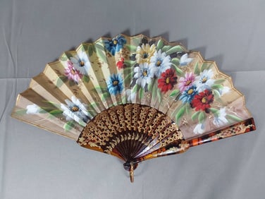 Antique Hand-Painted Spanish Folding Fan - Floral Motif and Gold Inlay