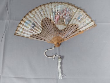 Antique Hand Painted Silk Folding Fan - Bamboo Guards