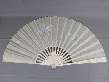 Antique Hand Painted Organza Fan - Carved Bone Guards and Ribs