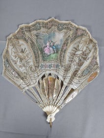 Antique French Silk Fan - Hand Painting, Spangles, and Carved Bone Guards