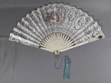 Antique Hand-Colored Folding Fan - Pierced Bone Guards and Silk Tassel