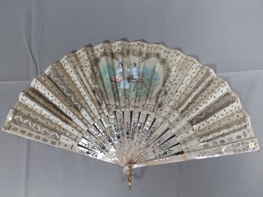 Antique Hand Painted Folding Fan - Mother Of Pearl Guards