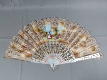Vintage Hand Painted Folding Fan - Pearlized Plastic Guards
