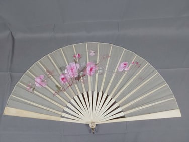 Antique Organza Folding Fan - Hand Painted Roses