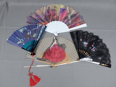 Group of 4 Folding Fabric Fans - Various Motifs, Vintage