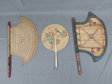 3 Antique Indian and Asian Handwoven Fixed Fans, Natural Fibers and Painted Handles
