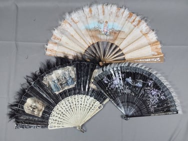 3 Paper Folding Fans - Feather Trim