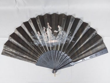 Antique Black Silk Fan - Hand Painted Figures