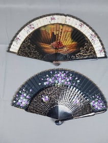 Pair of Vintage and Antique Spanish Folding Fans - Hand-Painted Motifs