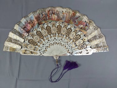 Antique Hand-Colored Paper Fan - Carved Bone and Mother of Pearl Guards