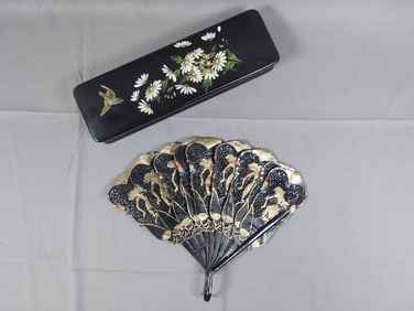 Vintage Hand Fan - Gold Leaf Figures