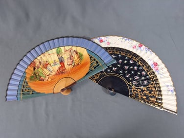 Vintage Spanish Wooden Flamenco Fans Featuring Floral and Scenic Designs