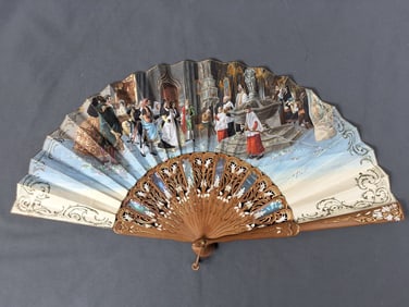 Antique Hand Painted Spanish Fan -Creme Backed Vellum - Christening Scene