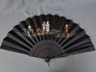 Antique 19th Century Embroidered Black Silk Fan -Black Satin