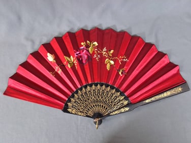 Large Antique 19th Century Burgundy Silk Fan -Embroidered Silk Spray of Roses